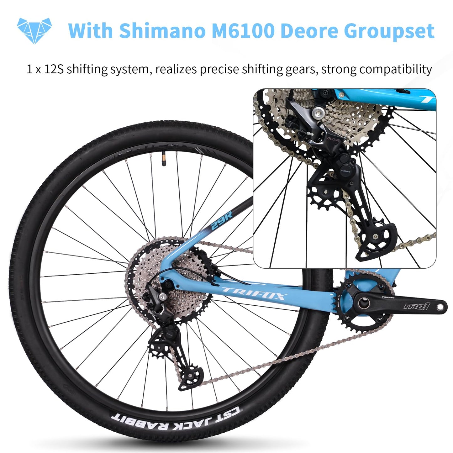 TRIFOX Carbon Fiber Mountain Bike with Shimano M6100 Deore Groupset 12-Speed,Carbon Fiber Frame,Hydraulic Fork 130mm Travel,29er Mountain Bike for Adult 17/19 inch (Blue, 29er * 19 inch)