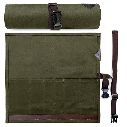 Waxed Canvas Knife Roll with Straps and Handle, Portable Travel Knifes Bag, Large Chef Knife Bag with Handle, Storage and Protection for Chef Knives, Knives Holders Protectors - Green