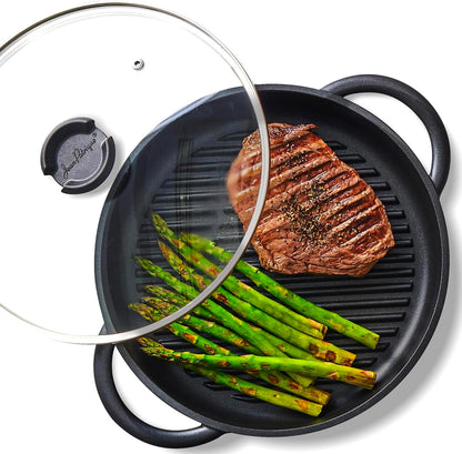 Jean-Patrique The Whatever Pan Cast Aluminum Griddle Pan for Stove Top - Lighter than Cast Iron Skillet Pancake Griddle with Lid - Nonstick Stove Top Grill 10.6" Diameter
