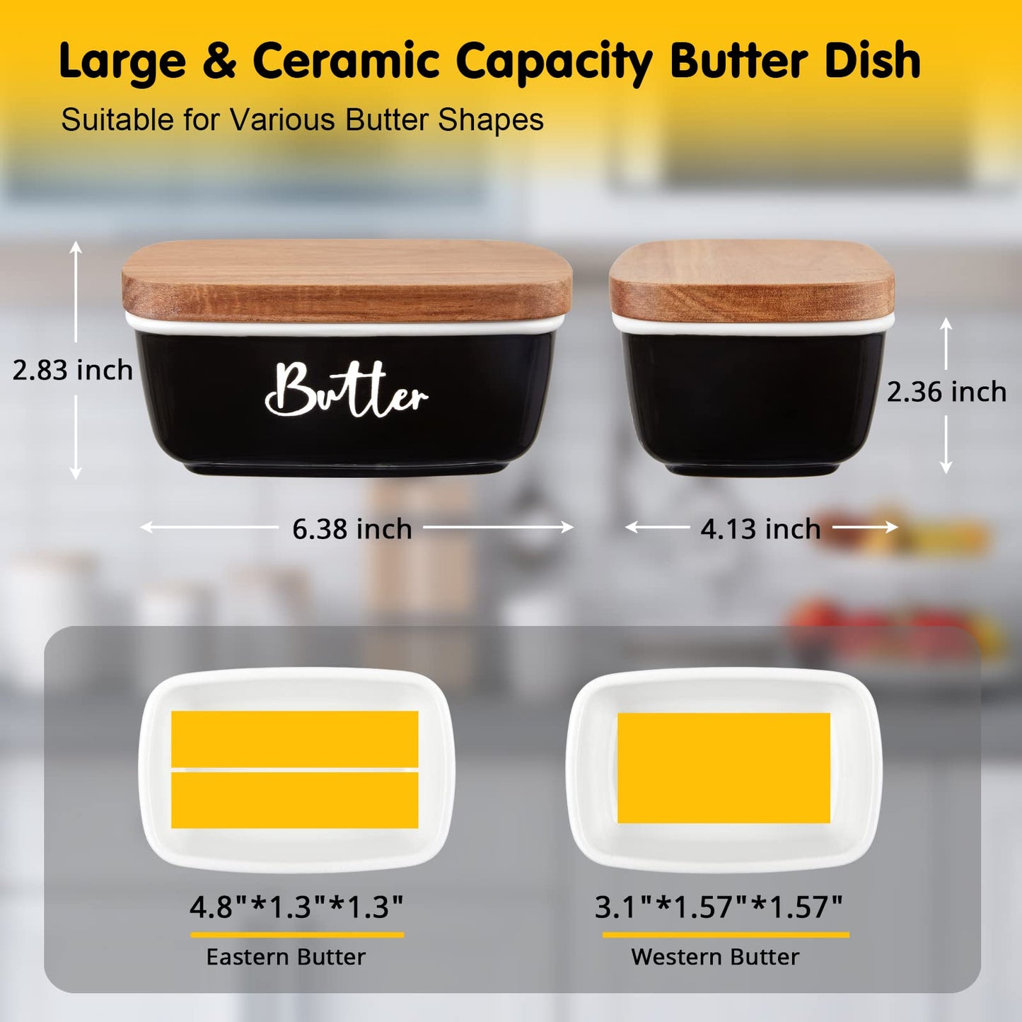 Black Butter Dish, ALELION Large Ceramic Butter Dish with Lid for Countertop, Butter Keeper Container with Acacia Wooden Lid, Kitchen Decor and Accessories for Counter