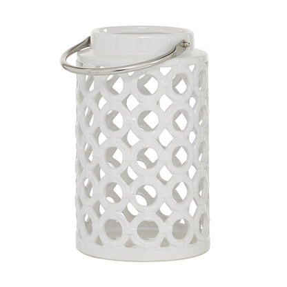 Deco 79 Ceramic Circles Decorative Candle Lantern with Cut Out Design, 8" x 9" x 8", White