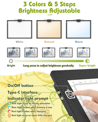 A3 Light Board for Diamond Painting, Rechargeable Battery Light Pad, Magnetic Tracing Light Box, Ultra-Thin Copy Board with 3 Colors& 6 Levels Adjustable Brightness for Drawing, Sketching, Animation