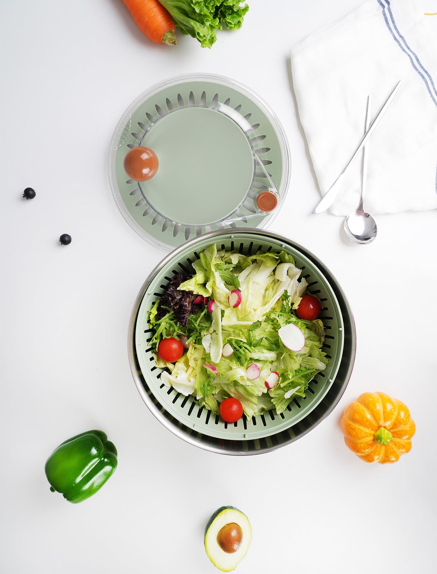 Lunememo Stainless Steel Salad Spinner, Lettuce Spinner with Drain, Non-Slip Base, Stop Button, Vegetable Dryer, BPA Free, 5.3 Qt