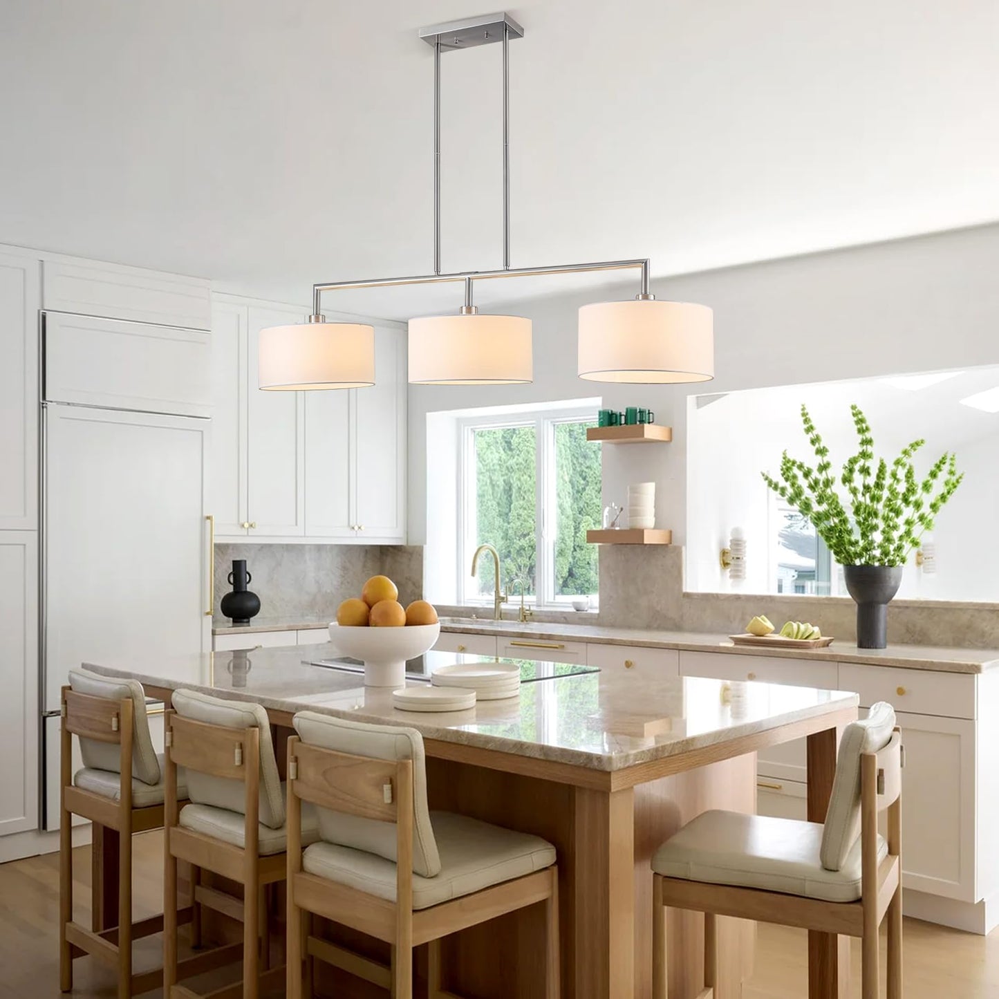 47" Linear Kitchen Island Lighting 3-Light Brushed Nickel Chandelier with White Fabric Drum Shade Adjustable Hanging Pendant Light for Dining Room Light Fixtures Over Table,Kitchen,Bar,Living Room,E26
