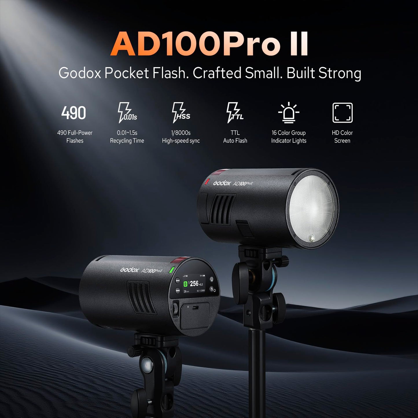 Godox AD100 Pro II AD100Pro II Pocket Outdoor Flash Strobe, 100Ws 2.4G TTL 1/8000s HSS Monolight, 0.01-1.5s Recycle, 490 Full Power Flashes, LED Modeling Lamp, GODOX AD 100 Pro II with Color Indicator