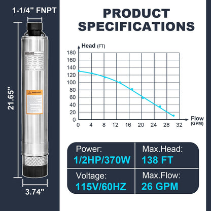 WASSERMANN 4" Septic Pump Submersible Effluent/Cistern Bottom Suction Pump with 33FT Cable,1/2HP,115V/60HZ,26GPM,138FT Head,Stainless Steel Deep Well Pump for Septic Tank Home