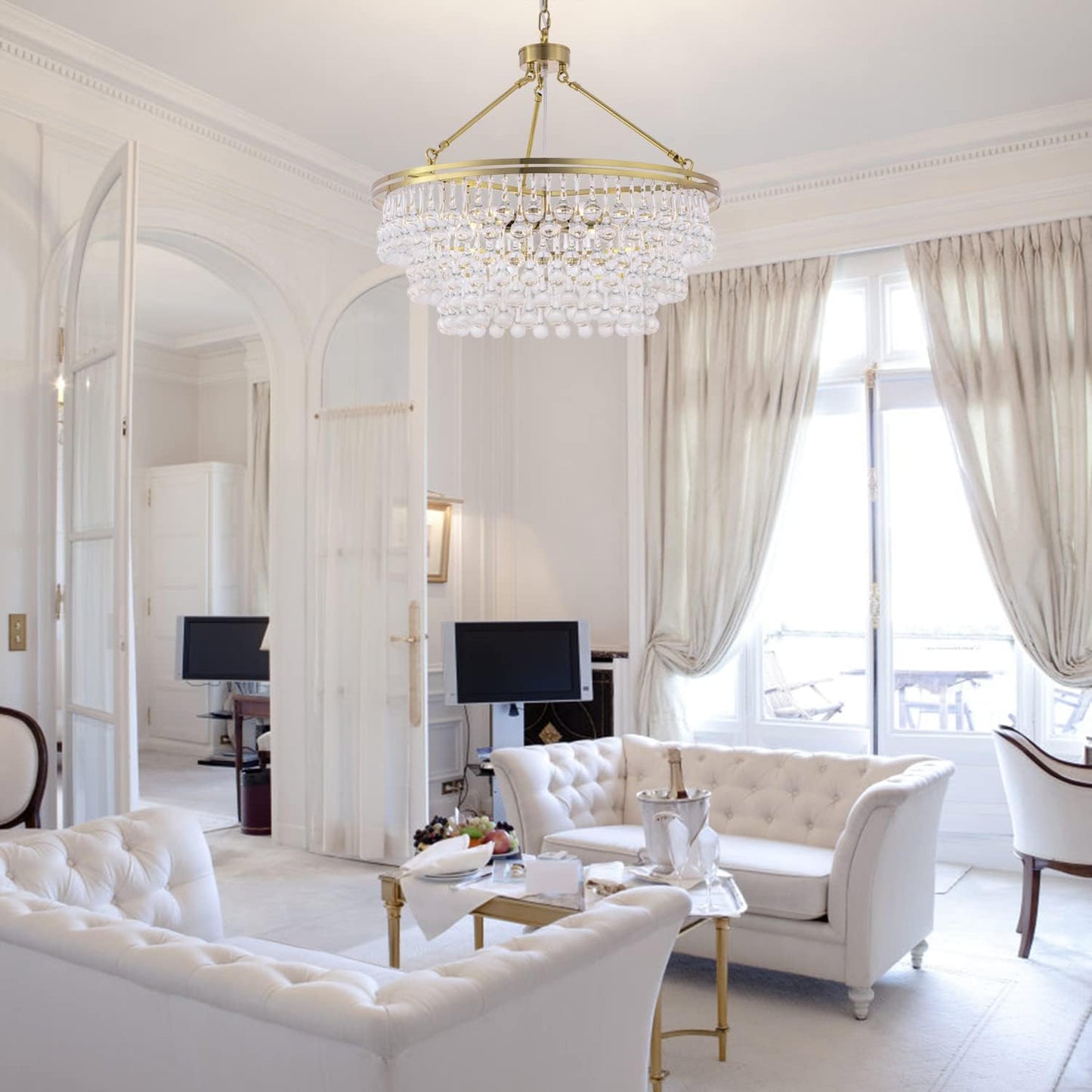 TOCHIC Modern Crystal Chandelier for Dining Room, 24 inch Gold Chandeliers Light Fixtures High Ceiling Crystal Pendant Lighting for Bedroom, Kitchen Island Light, Living Room Chandelier, 3 Tiers