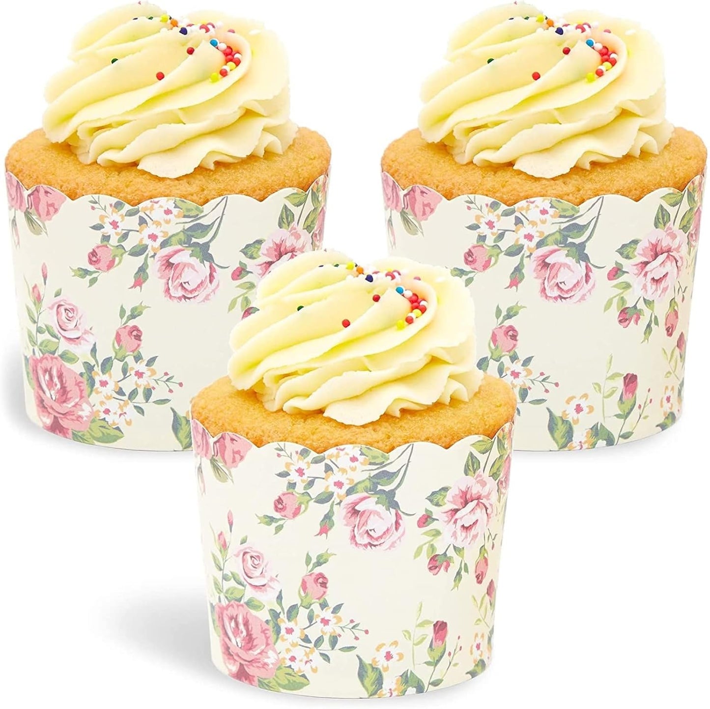 Sparkle and Bash Vintage Floral Cupcake Liners & Baking Cups - 50 Pack Yellow 2.25 x 2.75 In, Oven Safe