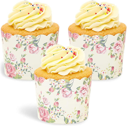 Sparkle and Bash Vintage Floral Cupcake Liners & Baking Cups - 50 Pack Yellow 2.25 x 2.75 In, Oven Safe