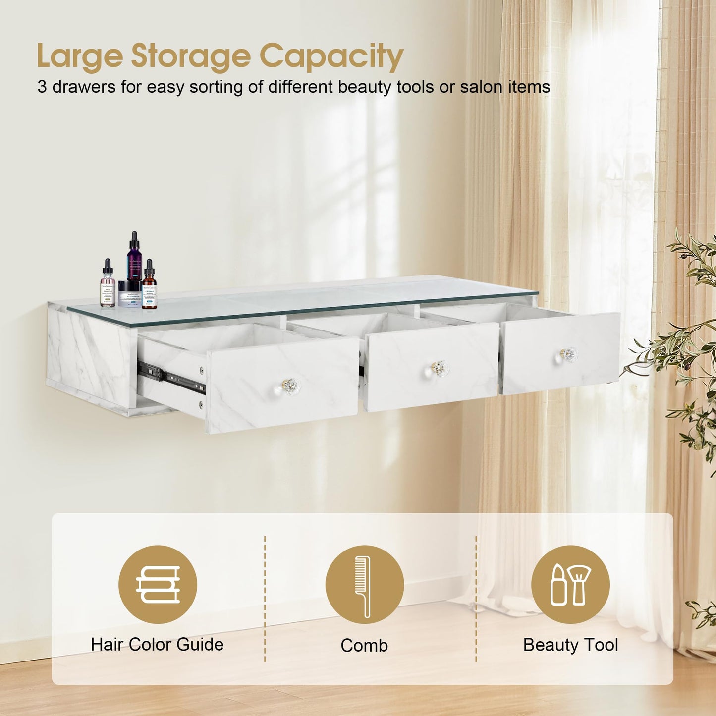 BarberPub Glass Top Wall Mount Station, Beauty Barber Spa Storage Cabinet with 3 Drawers, Minimalist Hair Salon Styling Equipment, Home & Bathroom Organizer 2200 (White)