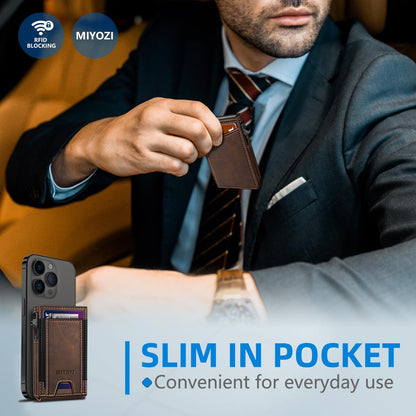 miyozi Wallet for Men, Slim Pop Up Card Holder - RFID Blocking Minimalist Bifold Wallet with ID Window, Holds 9-11 Cards & Stretchable Strap, Metal Flip Case with Magnetic Closure, Gift Box