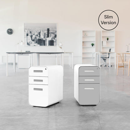 Laura Davidson Furniture Stockpile Slim 3-Drawer Mobile File Cabinet with Lock - Under Desk Metal Filing Cabinet, Legal/Letter File Folders, Wheels & Stationary Feet, Assembled, Light Grey Faceplate