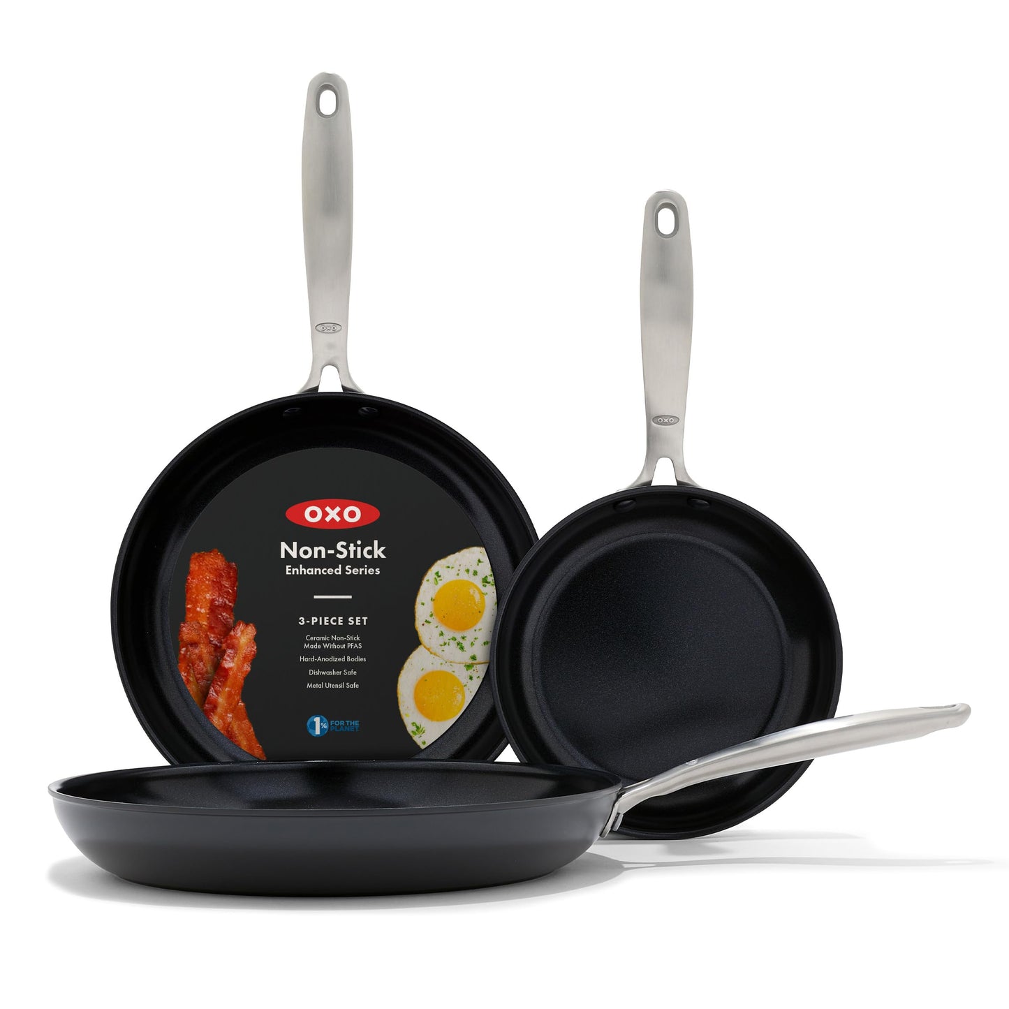 OXO Enhanced, 8" 10" and 12" 3 Piece Frying Pan Skillet Set, Healthy Ceramic Nonstick, PFAS-Free, Stainless Steel Handle, Dishwasher Safe, Oven Safe, Black