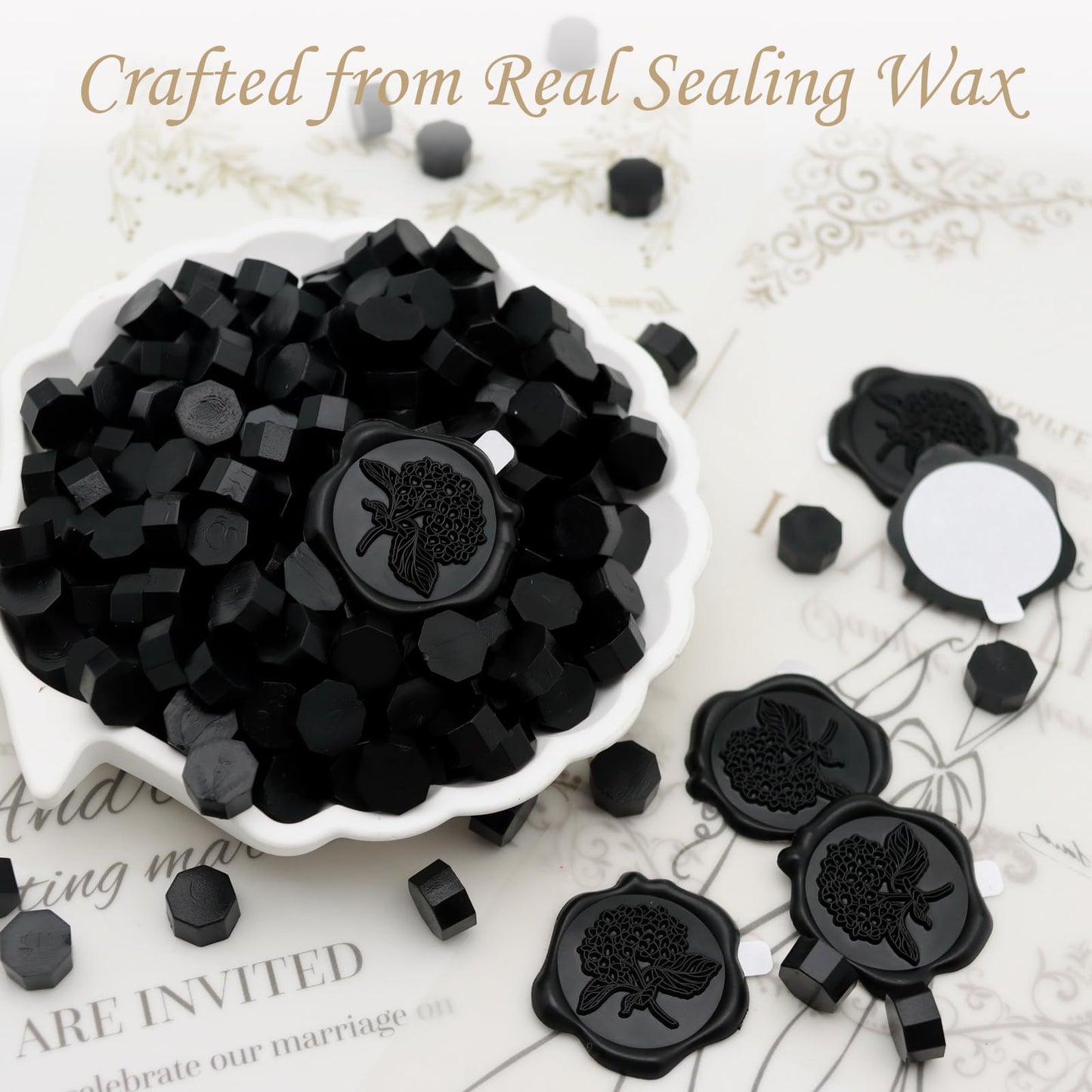 50pcs Hydrangea Wax Seal Stickers, Andotopee Floral Botanical Envelope Seal Stickers, Self-Adhesive Black Stickers Pre-Made from Real Sealing Wax, Great for Wedding Invitation, Gift Wrapping