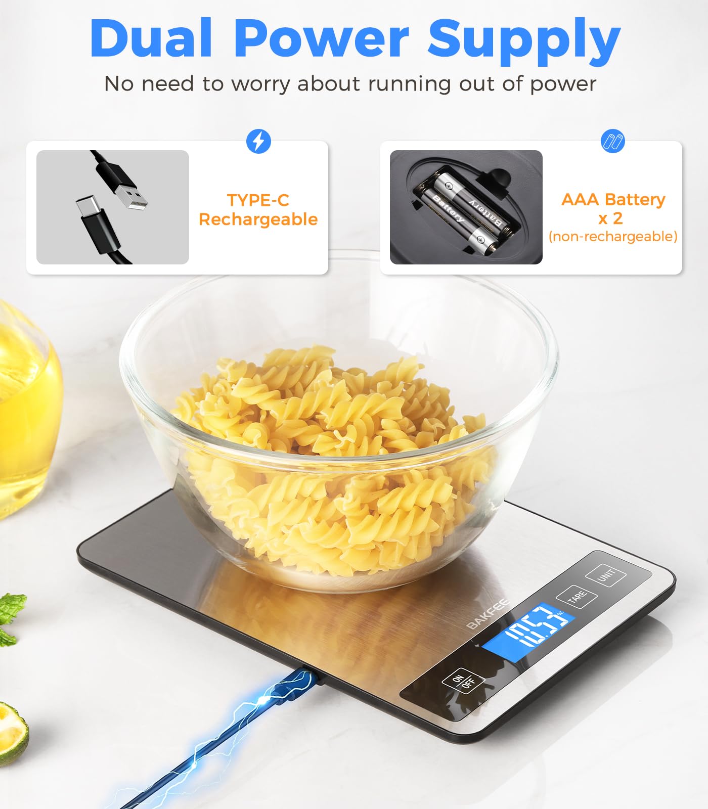 BakFee Food Scale - 15kg/33lb Rechargeable Digital Kitchen Scale with Full-View LCD Display, Grams and Ounces, Type-C or Batteries, Easy Clean Stainless Steel, for Baking, Cooking & Meal Prep, Black
