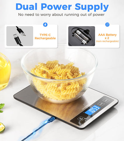 BakFee Food Scale - 15kg/33lb Rechargeable Digital Kitchen Scale with Full-View LCD Display, Grams and Ounces, Type-C or Batteries, Easy Clean Stainless Steel, for Baking, Cooking & Meal Prep, Black