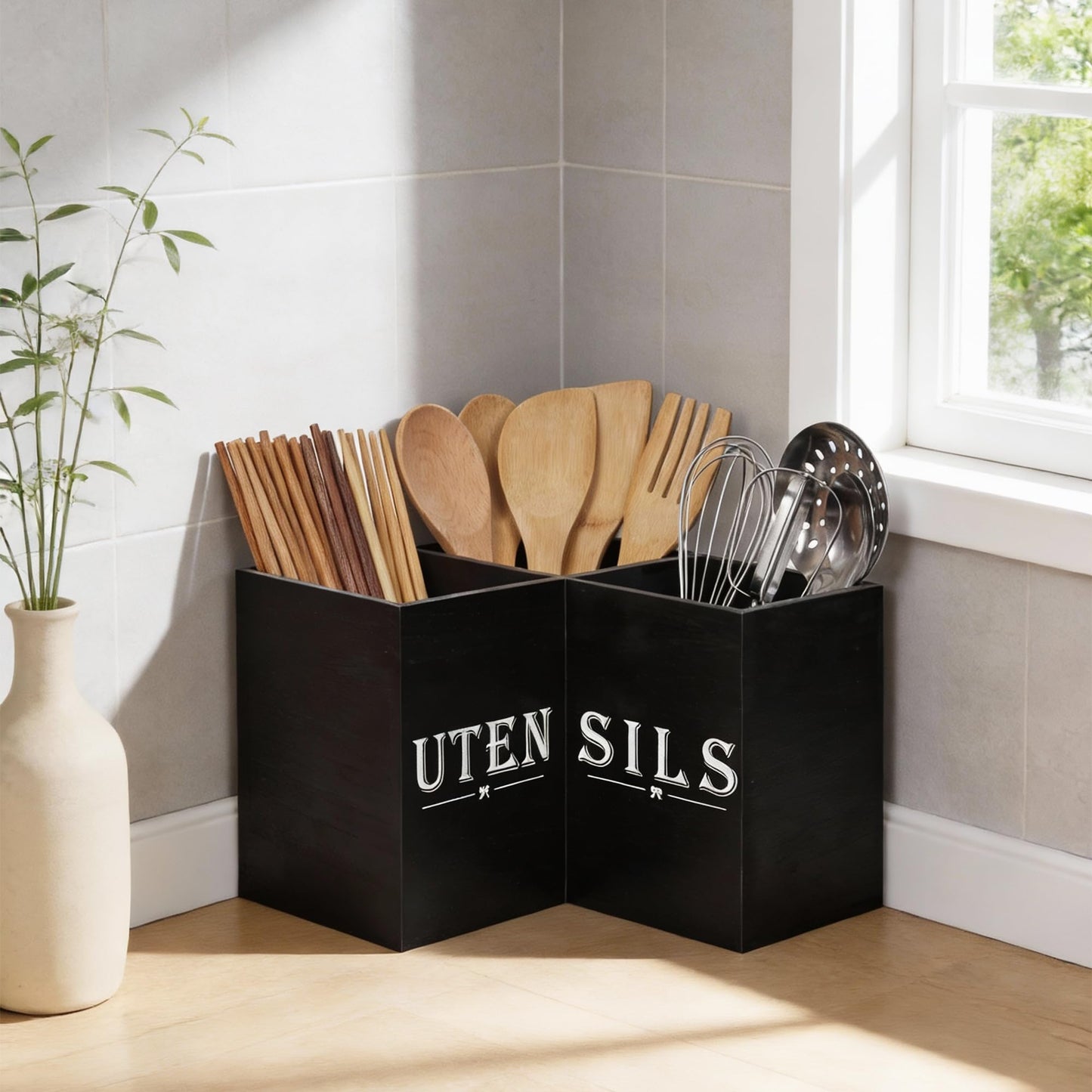 Top-spring Extra Large Utensil Holder for Kitchen Counter - Wooden Cooking Utensils Holder - Rustic Farmhouse Decor Kitchen Corner Utensil Organizer with 3 Compartment, Black Wood Utensil Caddy
