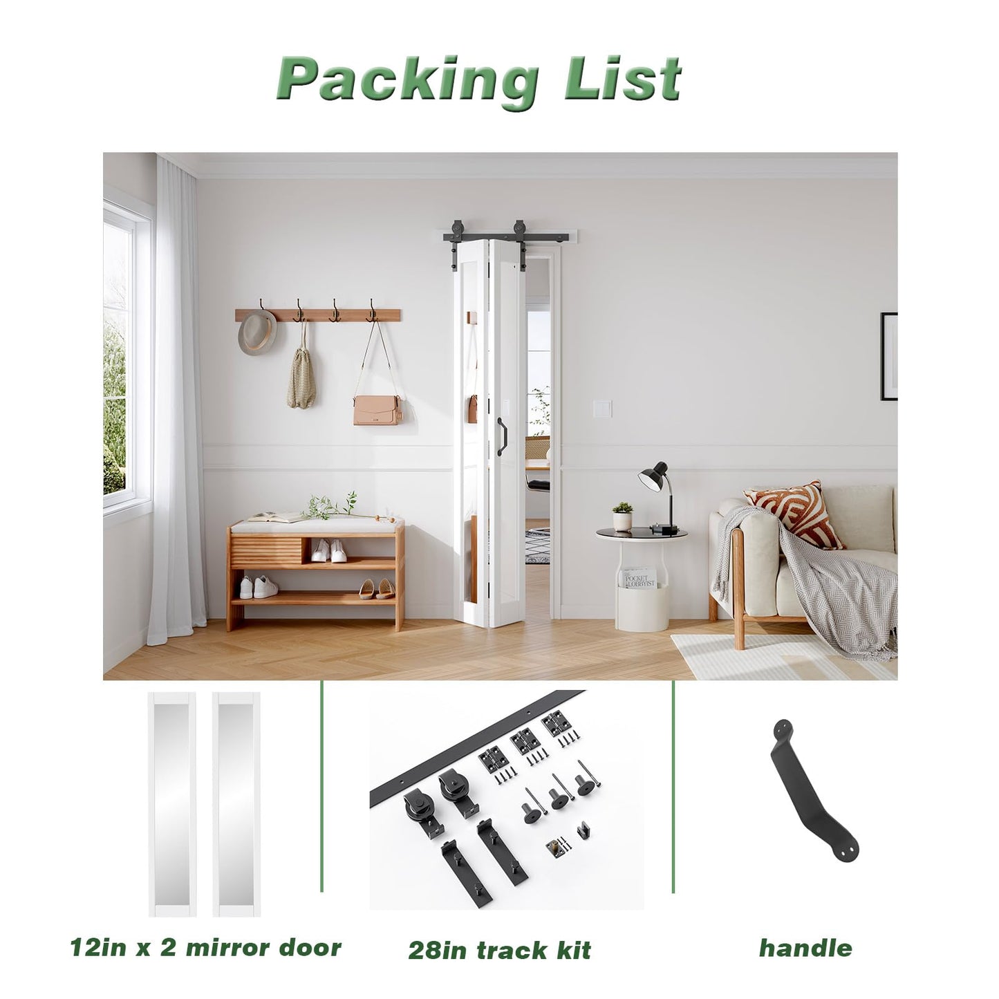 FREDBECK Bifold Barn Door 24x84 (Double 12x84) with 1 Lites Mirror,Bi-fold Closet Doors Hardware Kit Included,28" Track for 2 Doors, PVC, White,for Living Room, Bathrooms, Kicthen