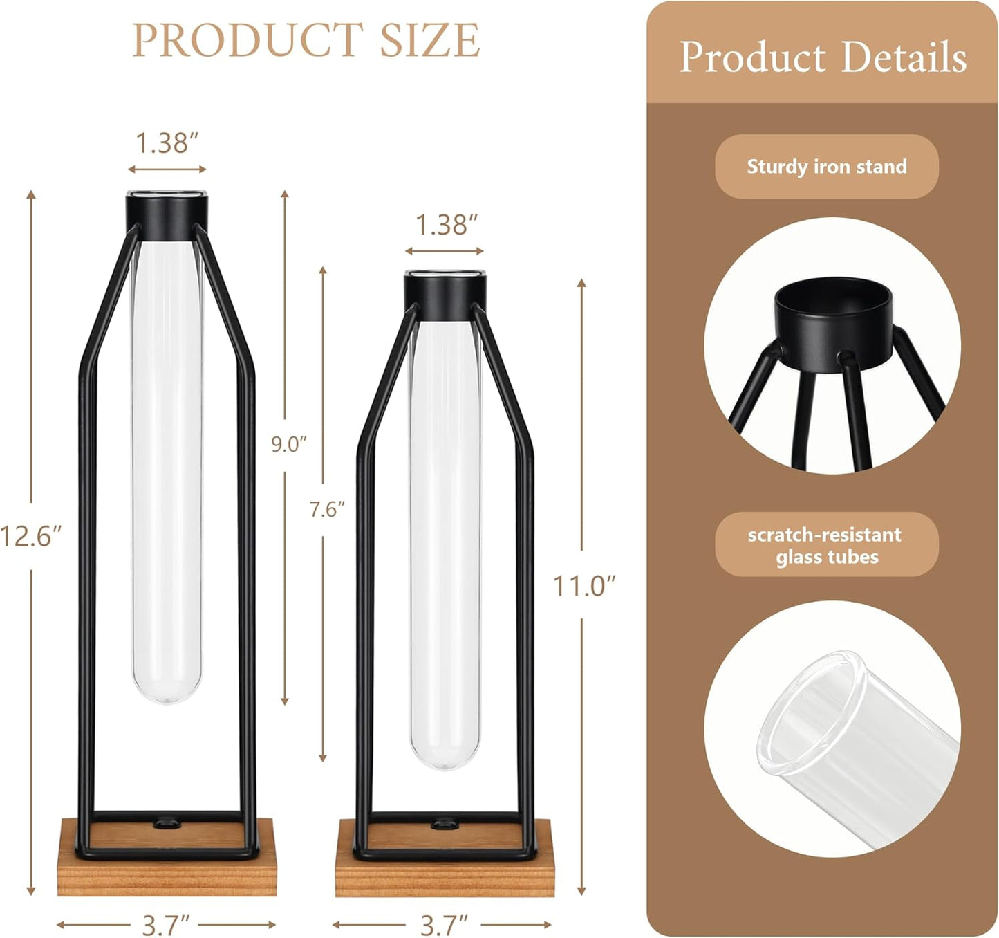 Set 2, 11&12.5 Inch Houmury Test Tube Vase of Flower Vases with Iron Stand & Wood Base, for Home Dcor, Table Decor