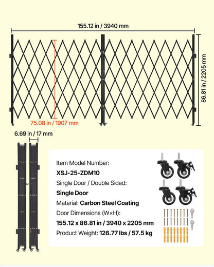 VEVOR Double Folding Security Gate, Lockable Scissor Gate with 360° Swivel Casters, Outdoor Barricade Steel Retractable Gates, for Entry Security, Garage, Warehouse & Pool, 155.12 x 86.81 in (W x H)