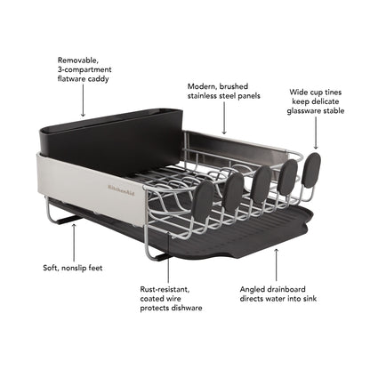 KitchenAid Compact, Space Saving Rust Resistant Dish Rack with Removable Flatware Caddy and Angled Self Draining Drainboard, 16.06-Inch, Black