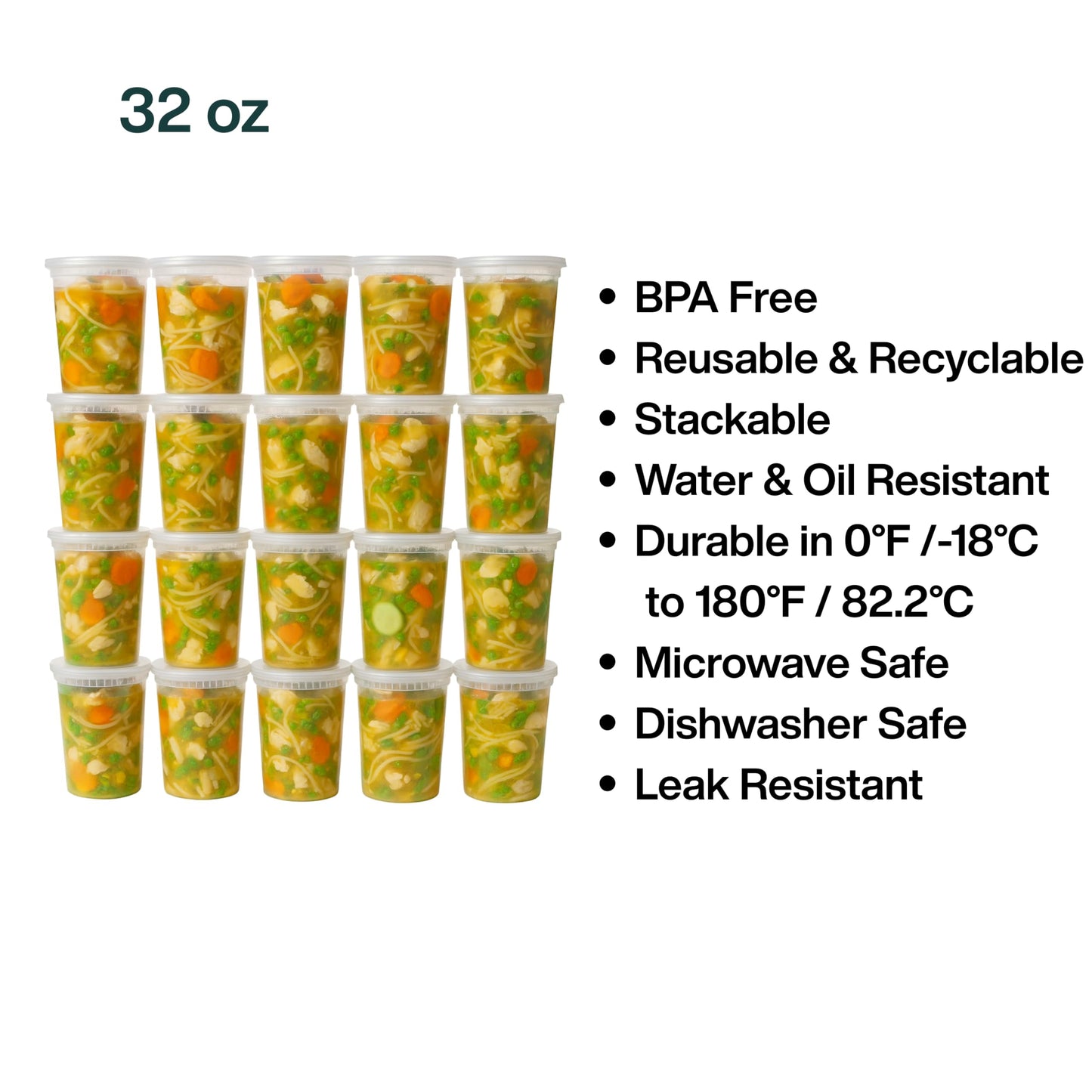 ProTakeOut 32oz [20 set] Heavy Duty Plastic Deli Container | BPA-Free Food Storage with Airtight Leak‑Proof Lids | Microwave, Freezer & Dishwasher Safe – Stackable, Bulk Reusable Soup & Meal Prep Tub