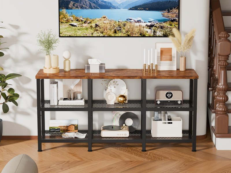 Furologee TV Stand, Small Media Console Table with 3-Tier Storage Shelves, Industrial Entertainment Center for TVs up to 50 Inch, Television Stands for Living Room, Bedroom, Rustic Brown