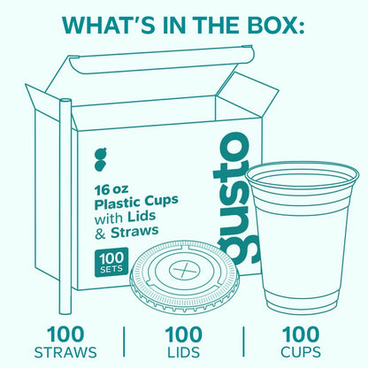 GUSTO - 16 oz - 100 Sets - Clear Plastic Cups with Lids and Straws – Disposable Iced Coffee Cups for Cold Drinks, Smoothies, Boba, and To-Go Beverages – Sturdy, Easy-to-Separate