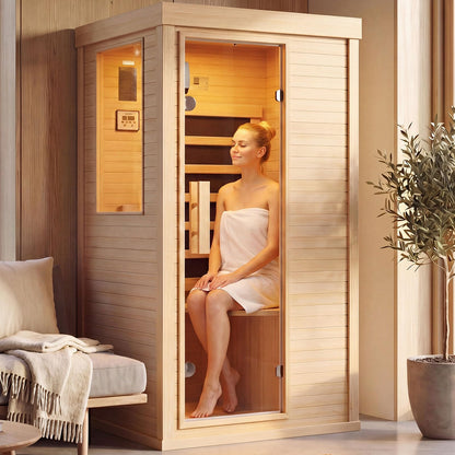 Wood Infrared Home Sauna Room, 1 Person Traditional Indoor Saunas, Canadian Hemlock Dry Sauna Spa for Low EMF with Tempered Glass Door, Bluetooth Speakers and Control Panel, 32.6 x 27.5 x 59.5 Inch