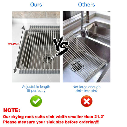 CHIRISEN Expandable Large Roll Up Dish Drying Rack, Foldable Over The Sink Dish Drying Rack, Rolling Dish Drainer Stainless Steel Roll Rack for Kitchen Sink Counter (Black, 21.25x12.79)