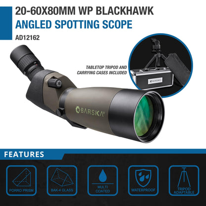 Barska Blackhawk Waterproof 20-60x80 Angled Green Spotting Scope with Tripod for Birding Hunting Shooting Travel Sport Events