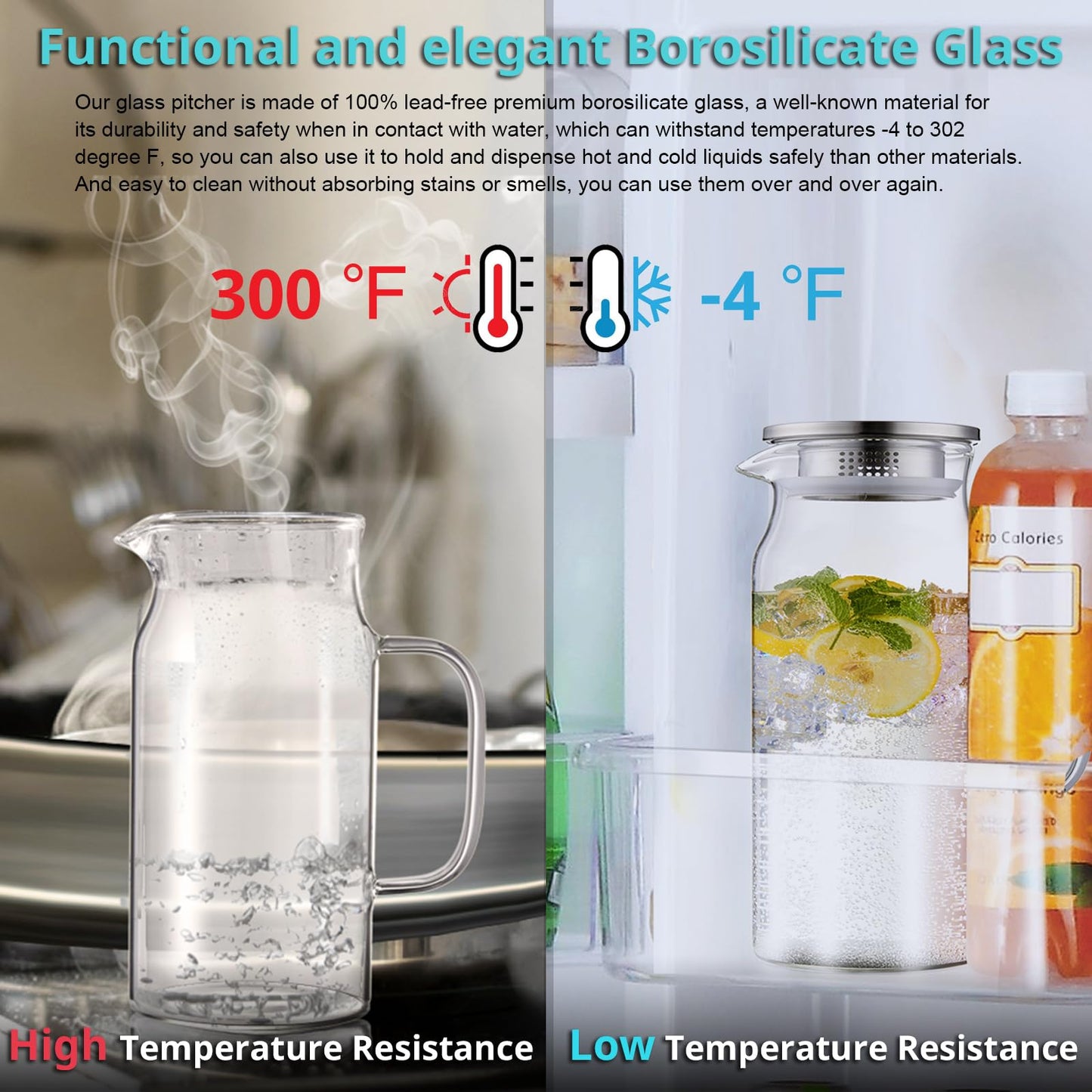 Bivvclaz 1.2 Liter 40 oz Small Glass Pitcher with Lid and Handle, Glass Carafe for Hot/Cold Water, Iced Tea Jug for Coffee, Juice and Homemade Beverage