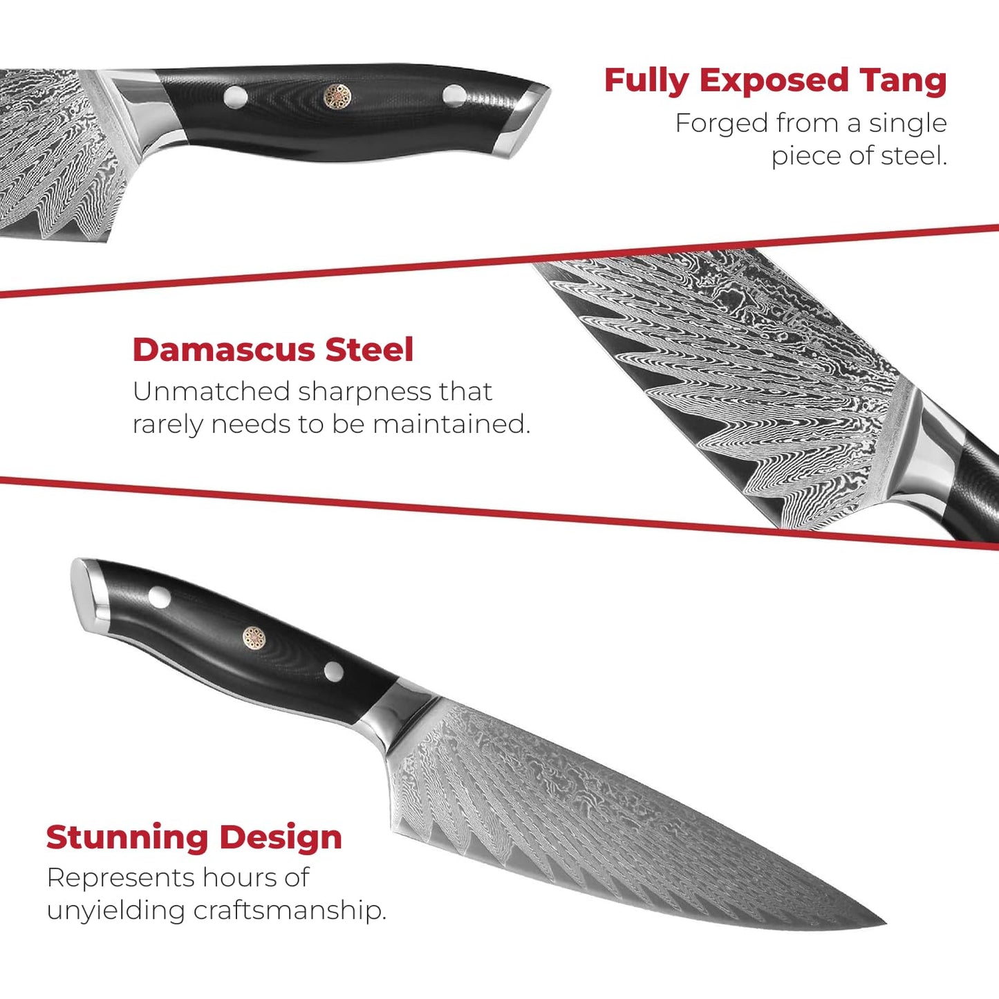 Master Maison 8" Damascus Steel Chef Knife: Full-Tang Black Handle with Japanese Mosaic Rivet, AUS-10 Ultra-Sharp Stainless Steel Japanese Chef Knife, Damascus Chef Knife, Wooden Storage Box & Extras
