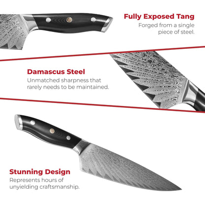 Master Maison 8" Damascus Steel Chef Knife: Full-Tang Black Handle with Japanese Mosaic Rivet, AUS-10 Ultra-Sharp Stainless Steel Japanese Chef Knife, Damascus Chef Knife, Wooden Storage Box & Extras