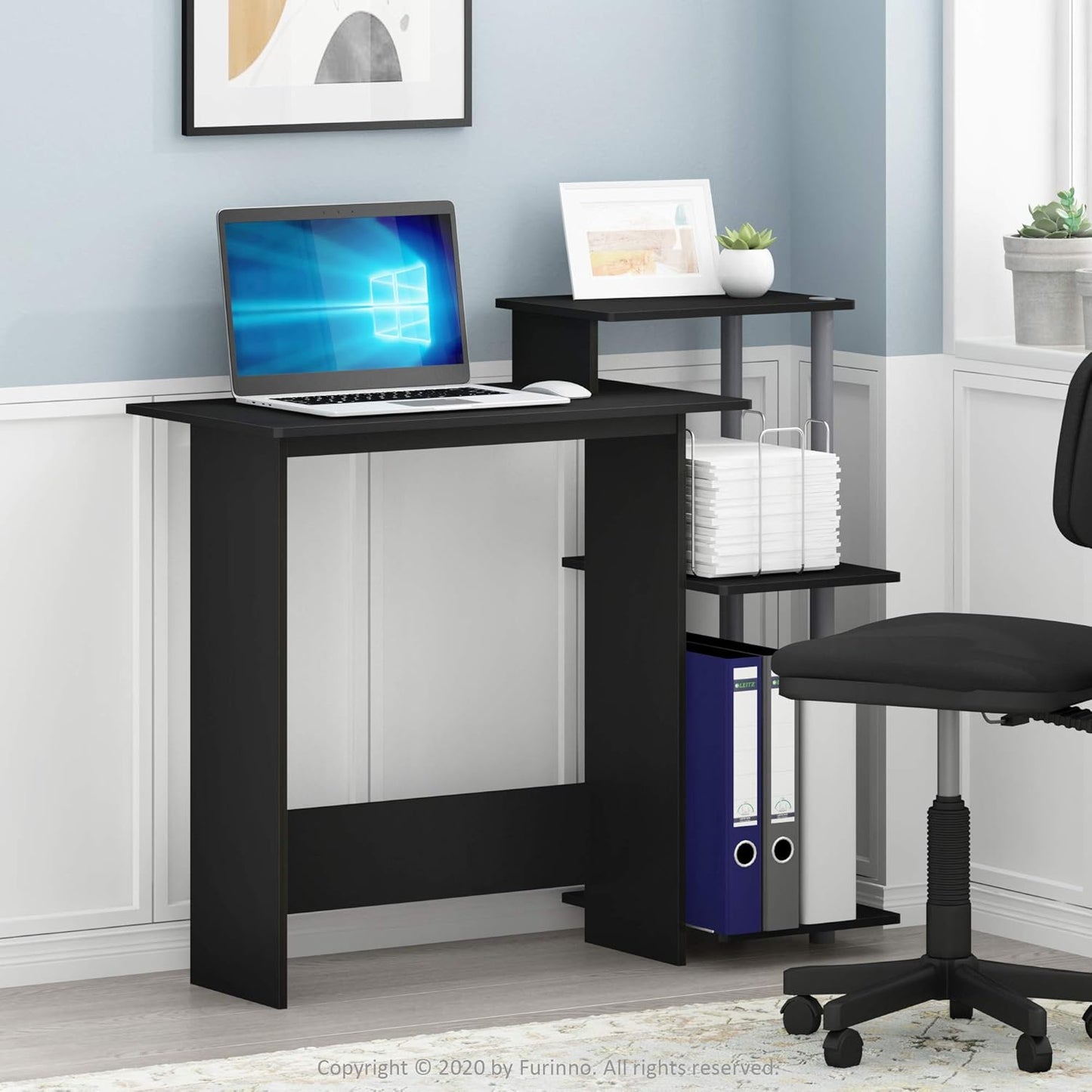 Furinno Efficient Home Laptop Computer Desk with Square Shelves, Solid Black/Grey Design