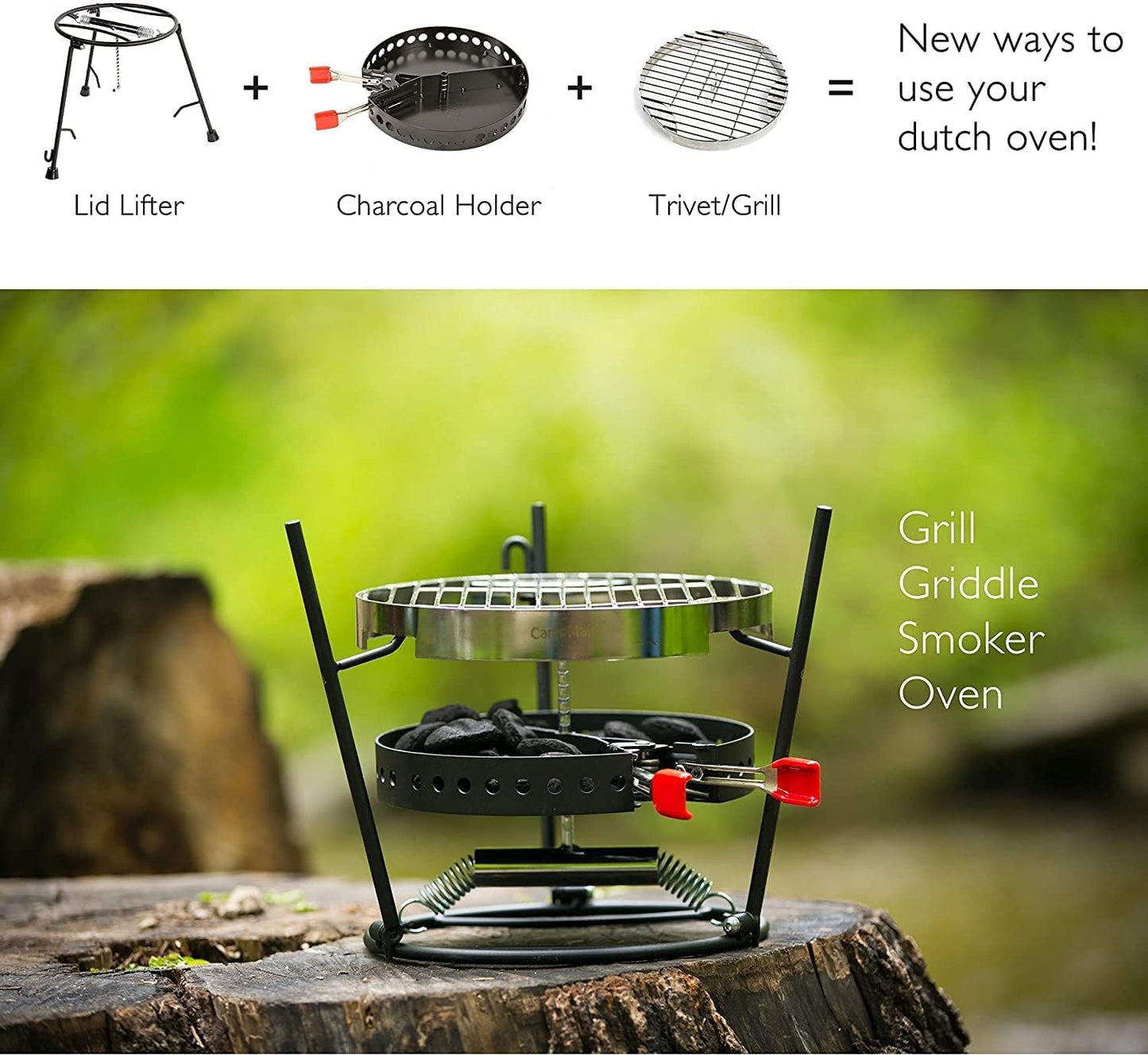 CampMaid Outdoor Cooking Set - Dutch Oven and Tools Set - Charcoal Holder & Cast Iron Grill Accessories - Camping Grill Set - Outdoor Cooking Essentials - Camp Kitchen Equipment - (6 Piece Set)