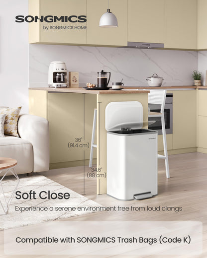 SONGMICS Kitchen Trash Can, 13-Gallon (50 L) Garbage Can with Lid, Stainless Steel, Soft Close and Stays Open, Inner Bucket, Wide Non-Slip Pedal, Cloud White ULTB547W01