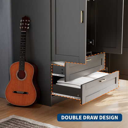 66" 3 Doors Wooden Wardrobe Closet Armoire with 2 Drawers & 3 Shelves, Wooden Wardrobe Closet with Hanging Rod, Bedroom Large Capacity Freestanding Armoire for Bedroom,Cloak Room,Entrance Hall, Black