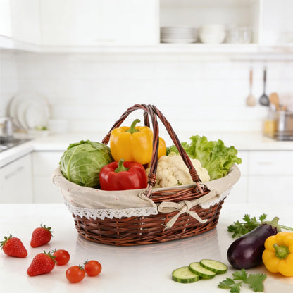 Dicunoy Wicker Basket with Handle, Picnic Baskets with Liner, Empty Gift Gardening Baskets for Harvesting, Willow Organizer Storage Basket for Fruit, Candy, Wine, Gathering, Wedding
