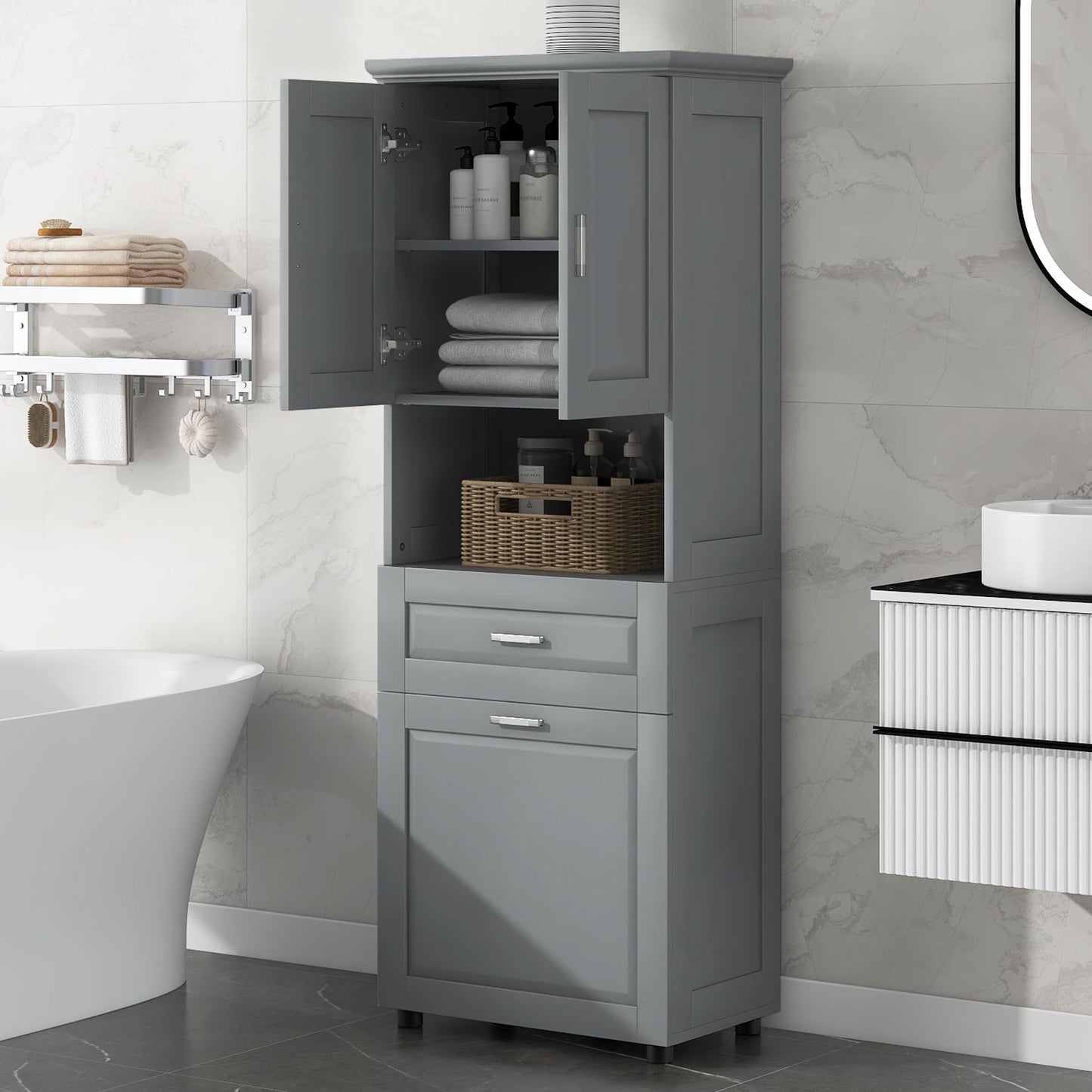 Virubi Tall Laundry Cabinet with Tilt Out Laundry Hamper and Drawer, Modern Wood Bathroom Storage Cabinet with Doors and Adjustable Shelves, Freestanding, Grey