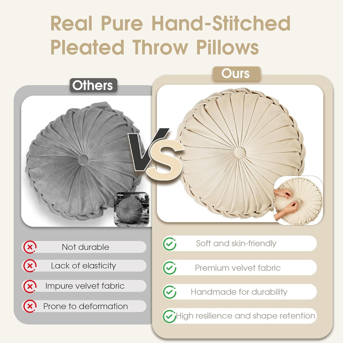 1 Pack (14.5 Inch, ROSE&RISY Round Pleated Velvet Throw Pillow, Decorative Accent Pumpkin Pillow Cushion for Couch Sofa