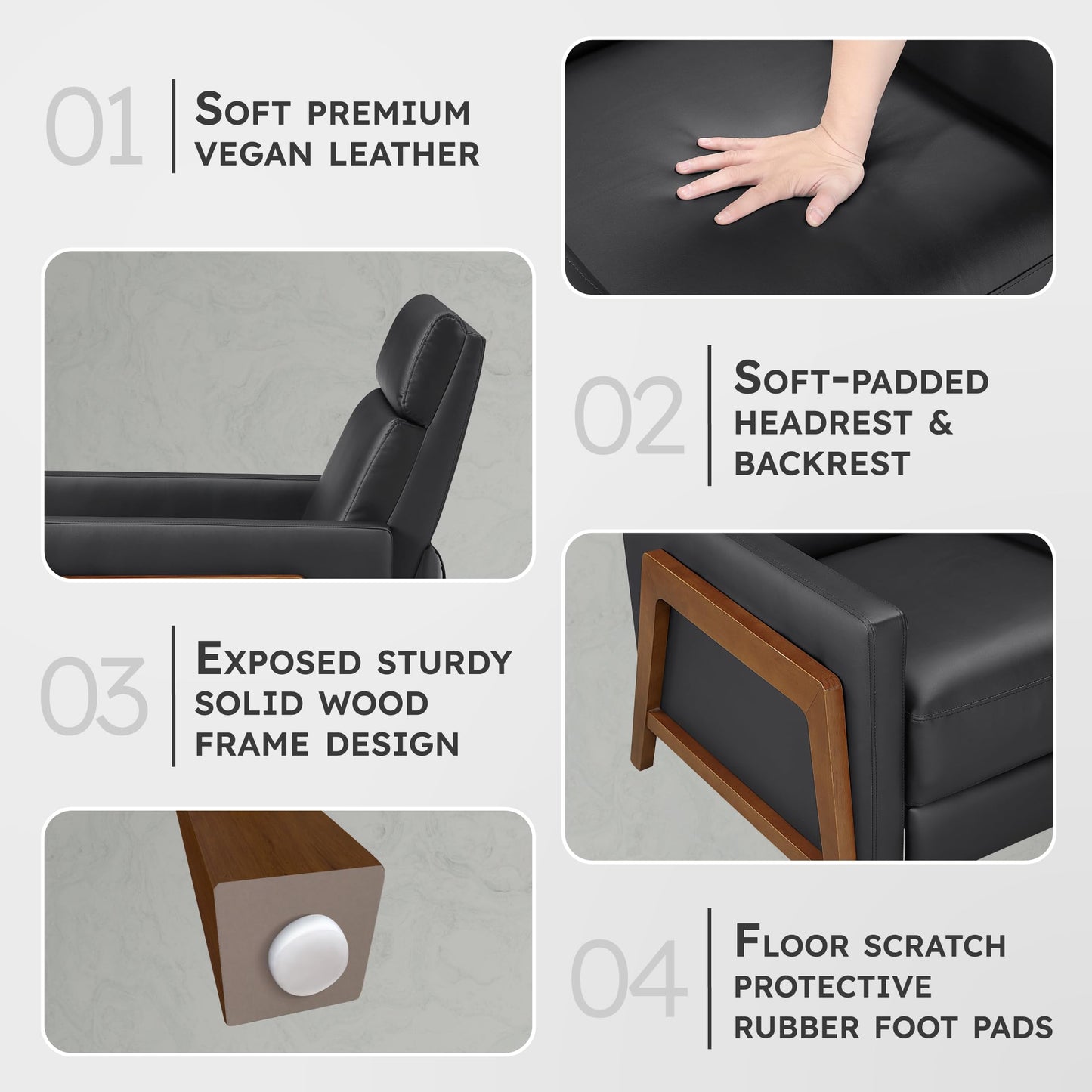 Lexicon Push Back Recliner Chair, Faux Leather Upholstered Reclining Chair with Footrest, Exposed Dark Brown Finish Wood Frame, Small Recliner for Small Space, Living Room, Bedroom, Black