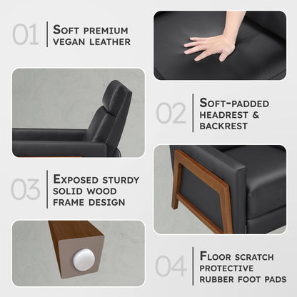 Lexicon Push Back Recliner Chair, Faux Leather Upholstered Reclining Chair with Footrest, Exposed Dark Brown Finish Wood Frame, Small Recliner for Small Space, Living Room, Bedroom, Black