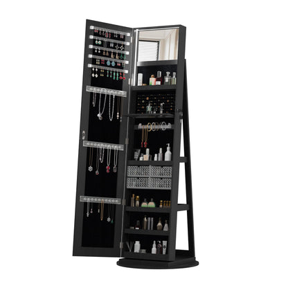KEIKI 360°Swivel Jewelry Armoire with Full Length Mirror, 62.3" Rotating Standing Jewelry Armoire Organizer, Lockable Storage Cabinet, Interior Lighted Mirror, Black