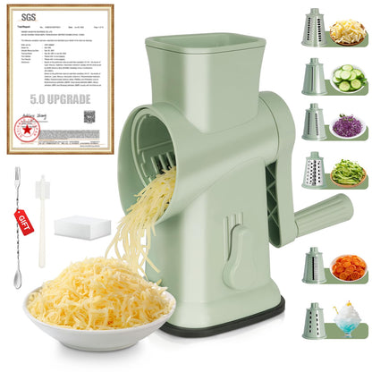 2025 Upgrade 6-In-1 Cheese Grater【 Military-Grade SUS304 Blade - 3S Fast Cut】【SGS Certification - German Nano Strong Suction Base】Cheese Grater Hand Crank Suitable for Home Use (Green 1)