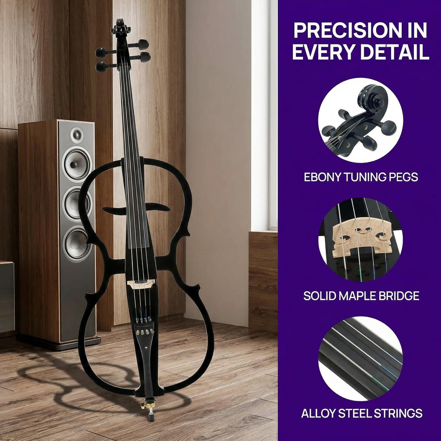 Verahaus Electric Cello 4/4 Full Size Ebony Fittings with Lightweight Cello Bag, Headphones, Bow, Bridge, Rosin, Cello for Beginners Adults(Metallic Black)