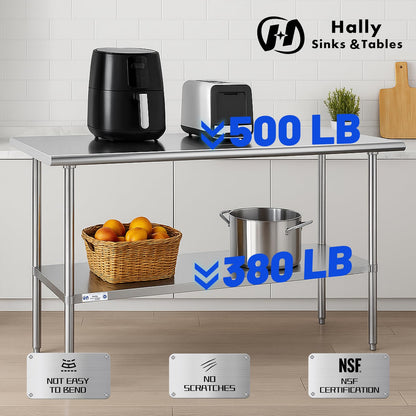 Hally Stainless Steel Table for Prep & Work 24 x 72 Inches, NSF Commercial Heavy Duty Table with Undershelf and Galvanized Legs for Restaurant, Home and Hotel