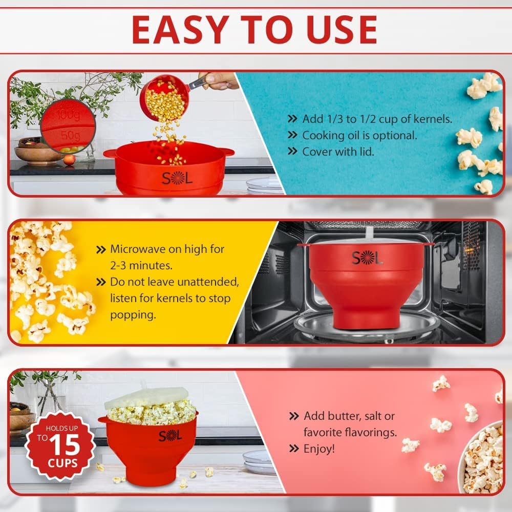 SOL Heat-Resistant Cooking Utensil Set, Microwave Silicone Popcorn Maker with Lid, BPA Free, Collapsible Bowl (Red)
