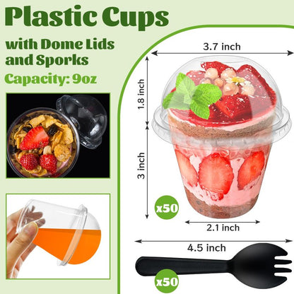 Paradi star 100Pcs 9oz Clear Plastic Cups with Dome Lids Spoons,Disposable Dessert Party Cup Take Out Containers for Parfait,Salad,Ice Cream,Cold Drink,Cupcake