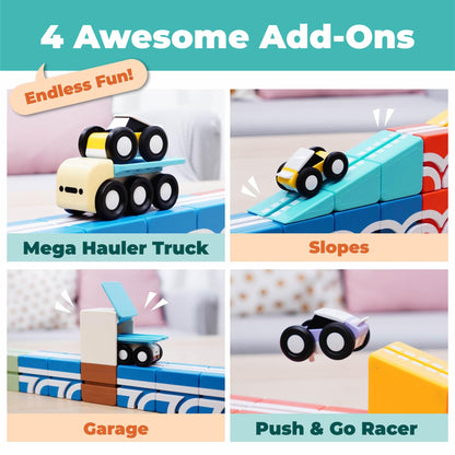 QBI STEM All-in-1 Toy Set with 5 Cars & 3D Tracks | Open Ended Educational Sensory Magnet Cubes | Montessori Toys, Magnetic Building Blocks for Boys & Girls (49 Pieces)